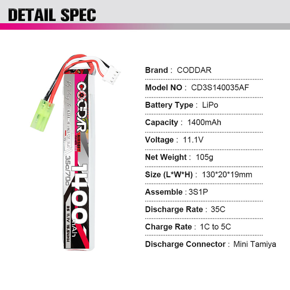CODDAR 3S 1400MAH 11.1V 35C AirSoft Stick Pack RC LiPo Battery