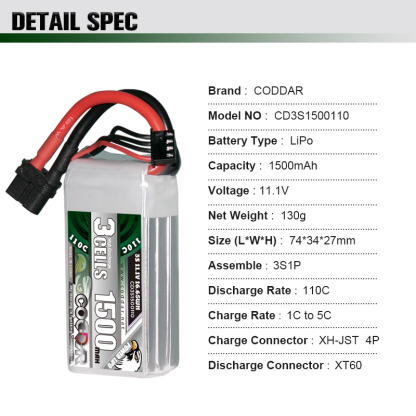 CODDAR 3S 1500MAH 11.1V 110C XT60 RC LiPo Battery