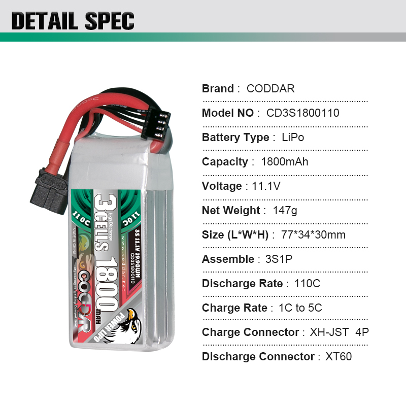 CODDAR 3S 1800MAH 11.1V 110C XT60 RC LiPo Battery