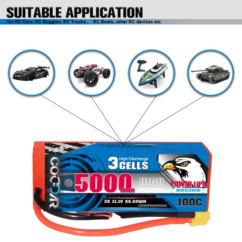 CODDAR 3S 5000MAH 11.1V 100C Cabled XT60 HARD CASE RC LiPo Battery