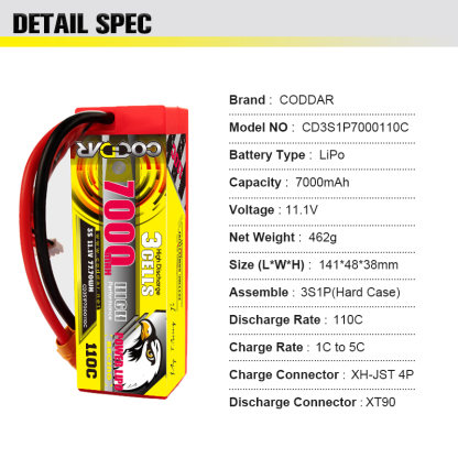 CODDAR 3S 7000MAH 11.1V 110C Cabled XT90 HARD CASE RC LiPo Battery