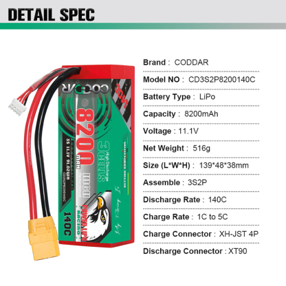 CODDAR 3S 8200MAH 11.1V 140C Cabled XT90 HARD CASE RC LiPo Battery