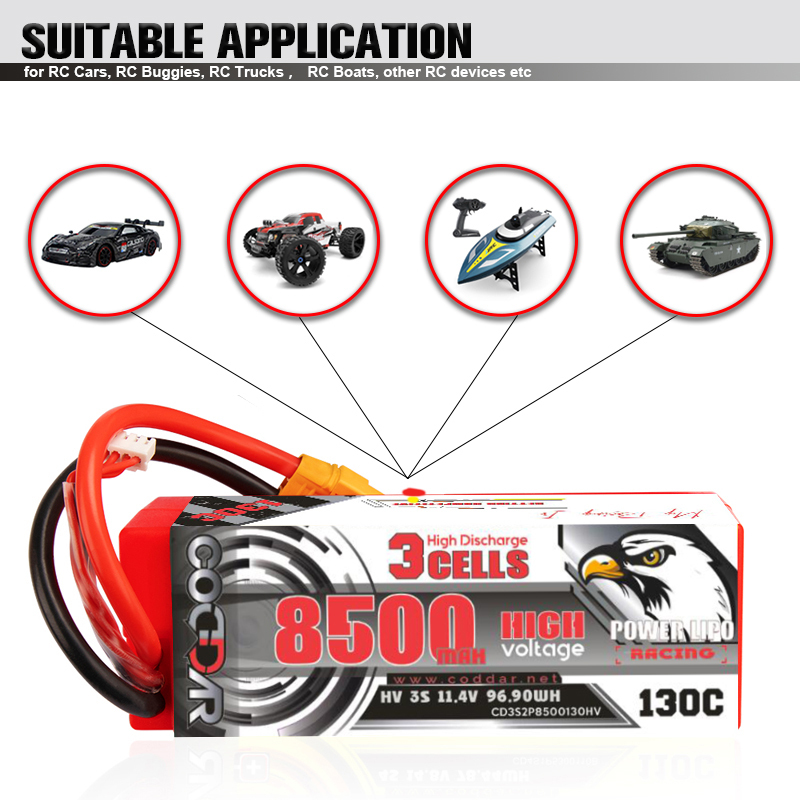 CODDAR 3S 8500MAH 11.4V 130C Cabled XT90 HARD CASE LiHV RC LiPo Battery