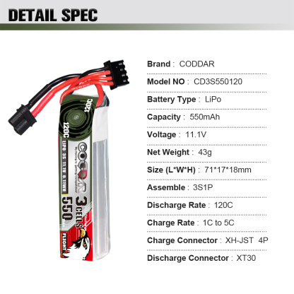 CODDAR 3S 550MAH 11.1V 120C XT30 Long Type RC LiPo Battery