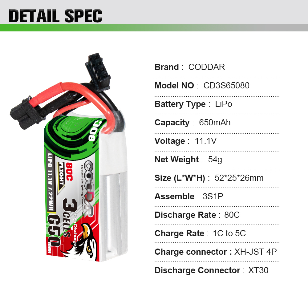 CODDAR 3S 650MAH 11.1V 80C XT30 RC LiPo Battery