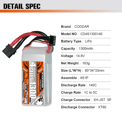CODDAR 4S 1300MAH 14.8V 140C XT60 RC LiPo Battery