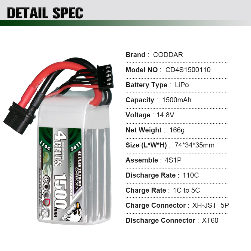 CODDAR 4S 1500MAH 14.8V 110C XT60 RC LiPo Battery