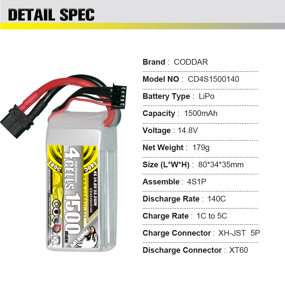 CODDAR 4S 1500MAH 14.8V 140C XT60 RC LiPo Battery