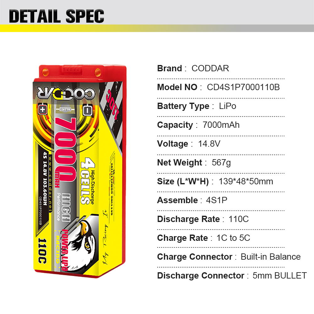 CODDAR 4S 7000MAH 14.8V 110C 5mm Bullet HARD CASE RC LiPo Battery