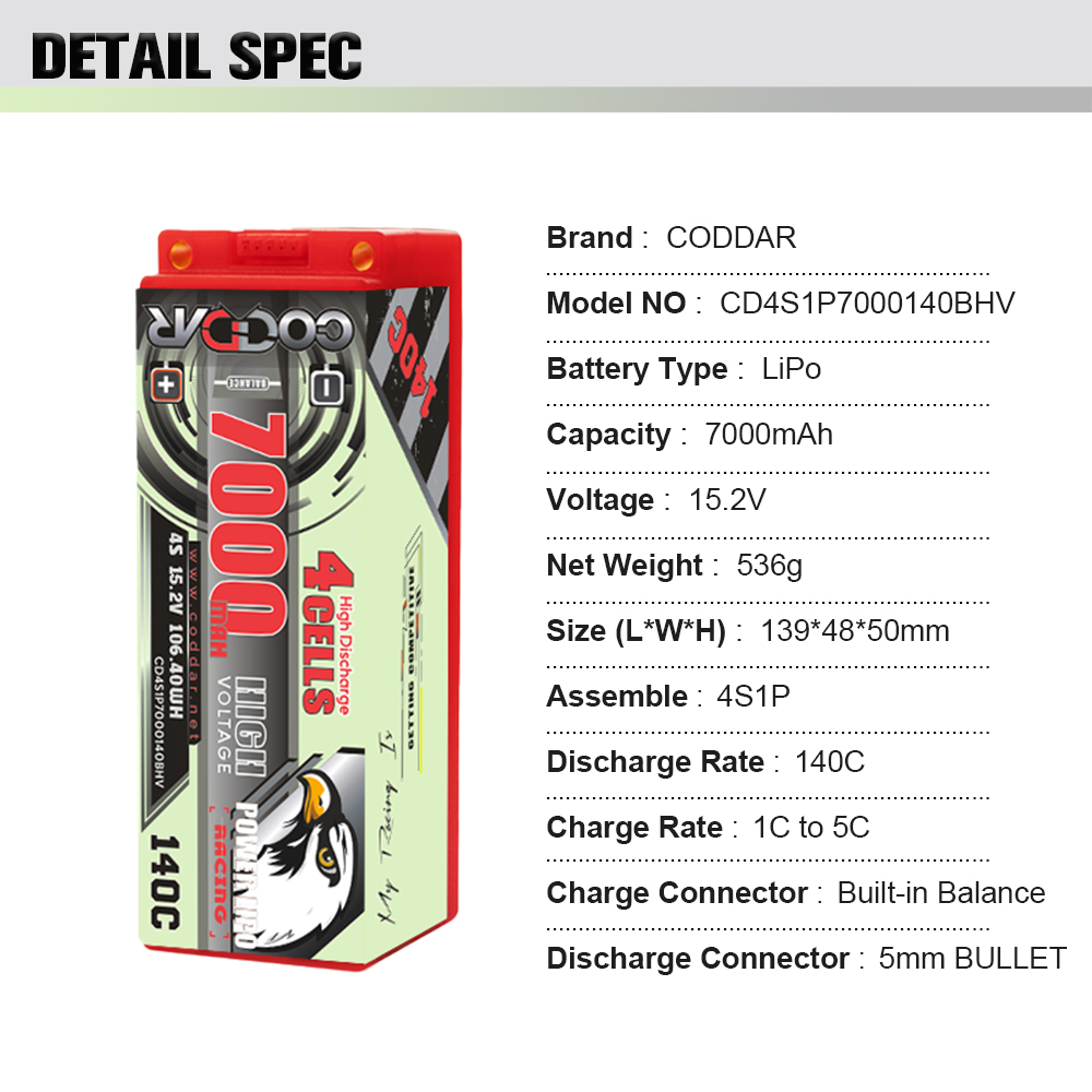 CODDAR 4S 7000MAH 15.2V 140C 5mm Bullet HARD CASE LiHV RC LiPo Battery