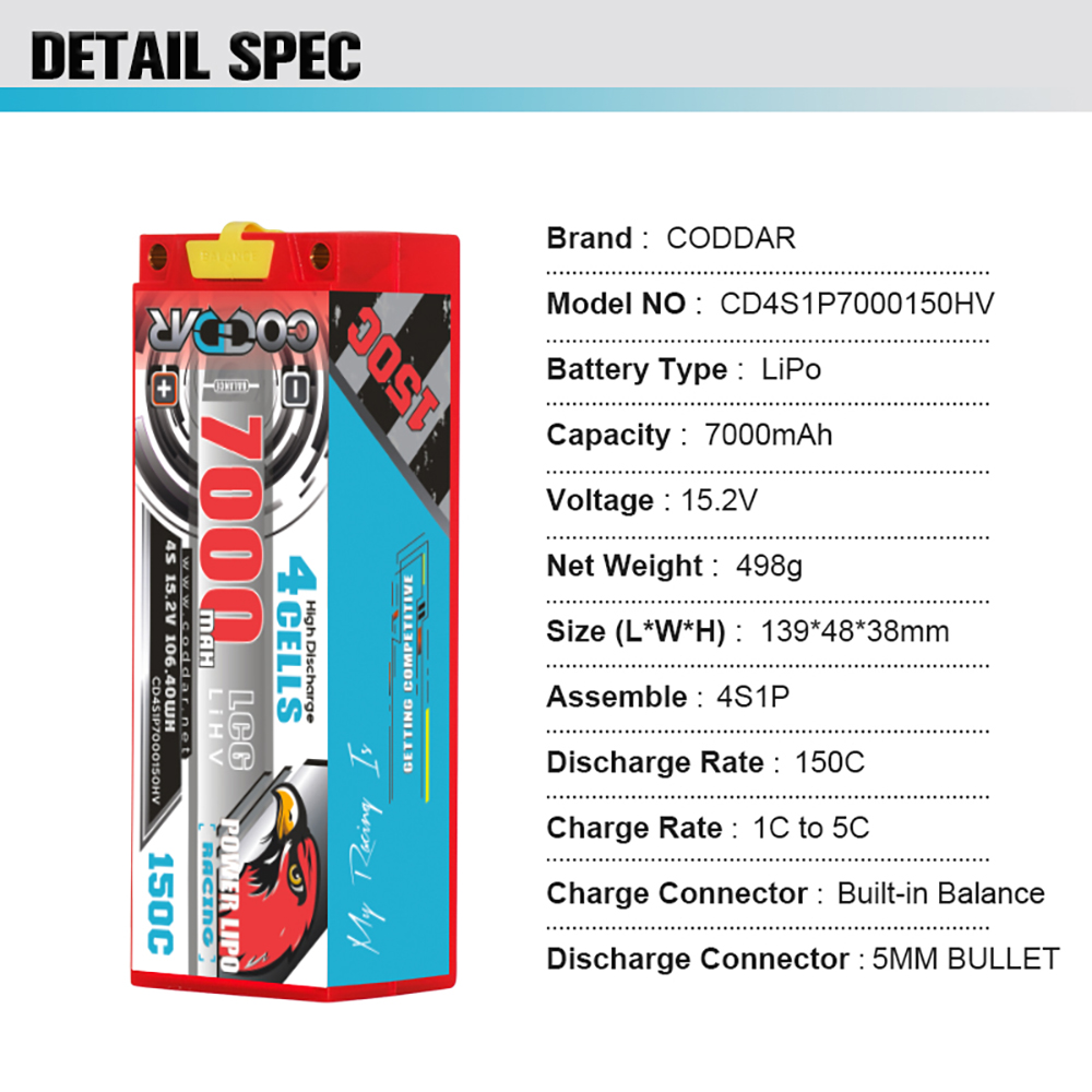 CODDAR 4S 7000MAH 15.2V 150C 5mm Bullet LCG HARD CASE LiHV RC LiPo Battery