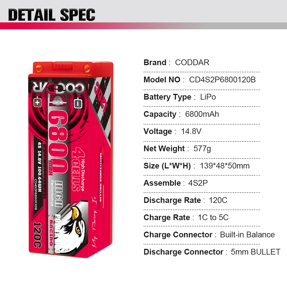 CODDAR 4S 6800MAH 14.8V 120C 5mm Bullet HARD CASE RC LiPo Battery