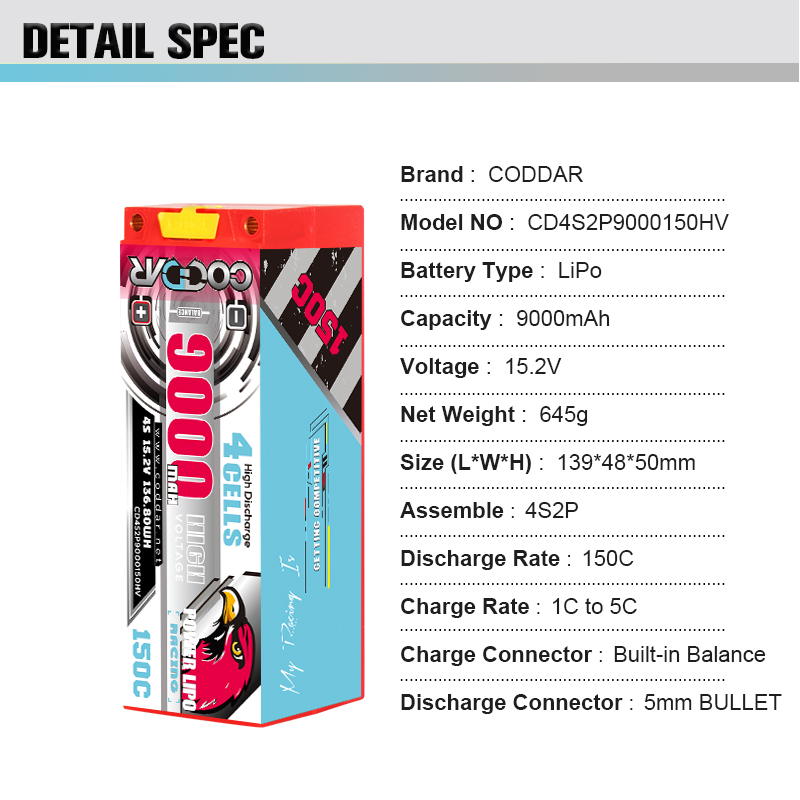 CODDAR 4S 9000MAH 15.2V 150C 5mm Bullet HARD CASE LiHV RC LiPo Battery