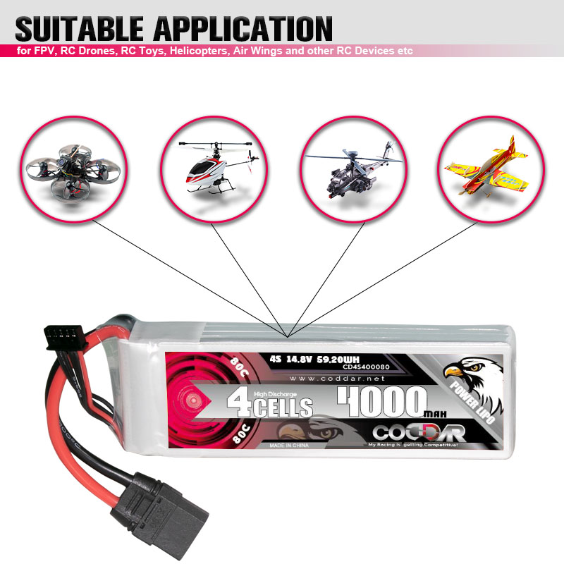 CODDAR 4S 4000MAH 14.8V 80C XT90 Soft Pack RC Lipo Battery