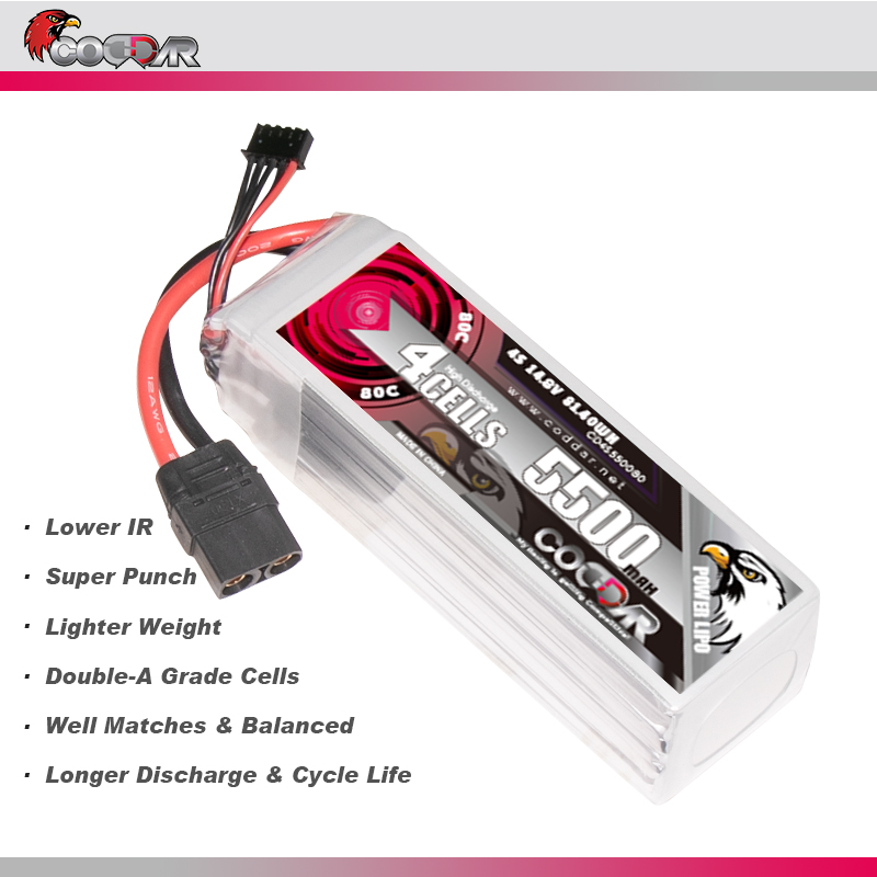 CODDAR 4S 5500MAH 14.8V 80C XT90 Soft Pack RC Lipo Battery