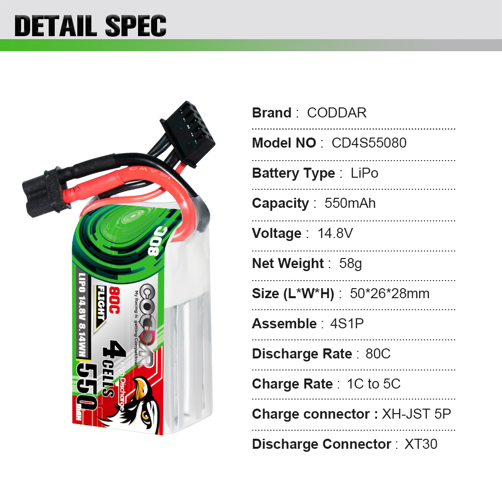 CODDAR 4S 550MAH 14.8V 80C XT30 RC LiPo Battery