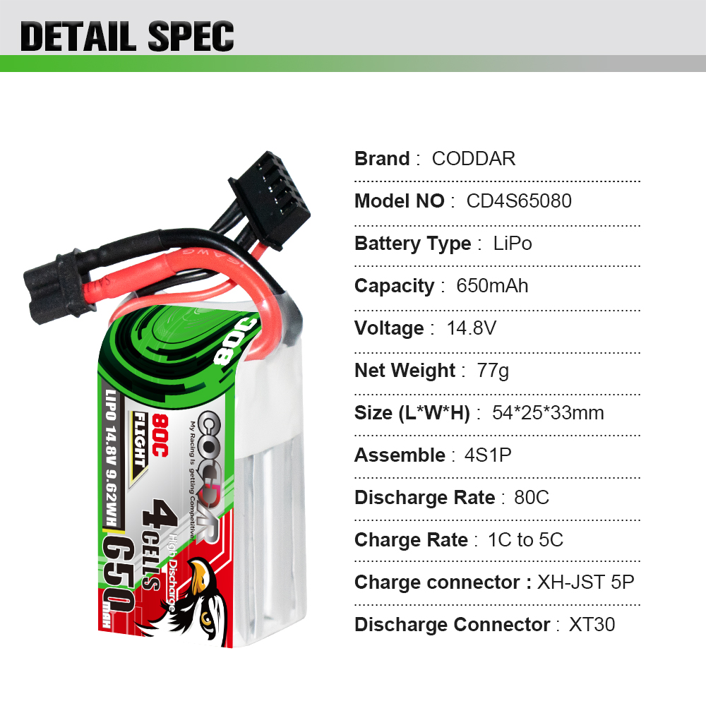 CODDAR 4S 650MAH 14.8V 80C XT30 RC LiPo Battery