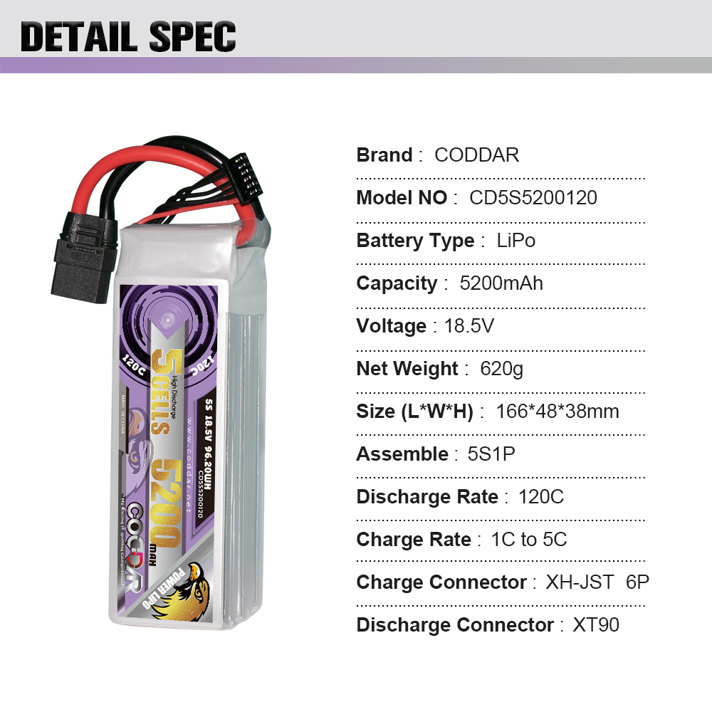 CODDAR 5S 5200MAH 18.5V 120C Soft Pack RC Lipo Battery
