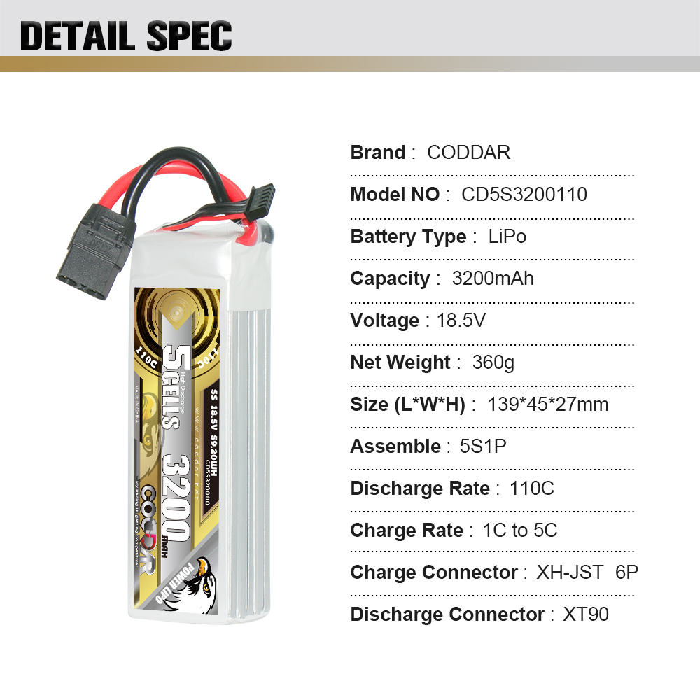CODDAR 5S 3200MAH 18.5V 110C Soft Pack RC Lipo Battery