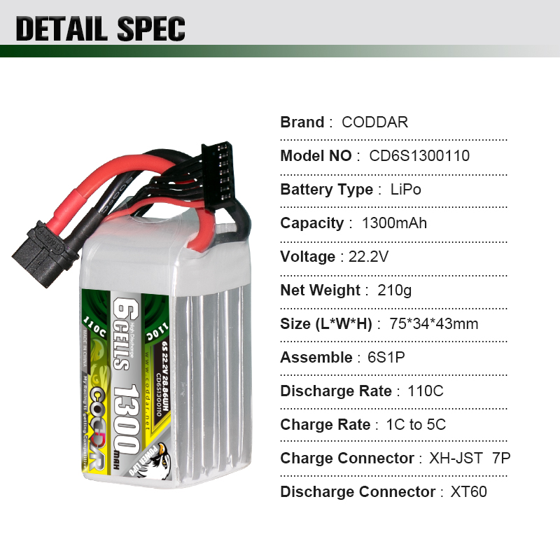 CODDAR 6S 1300MAH 22.2V 110C Soft Pack RC Lipo Battery