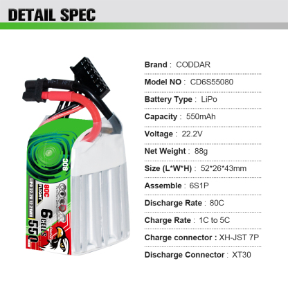 CODDAR 6S 550MAH 22.2V 80C XT30 RC LiPo Battery