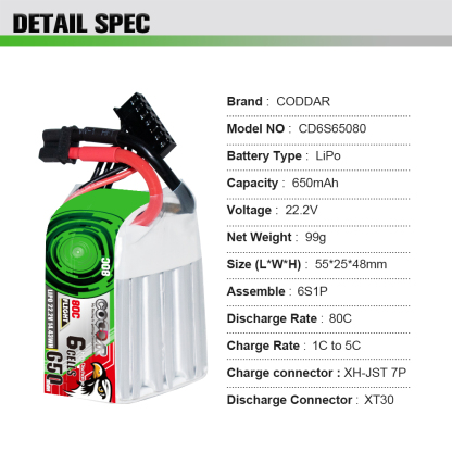 CODDAR 6S 650MAH 22.2V 80C XT30 RC LiPo Battery