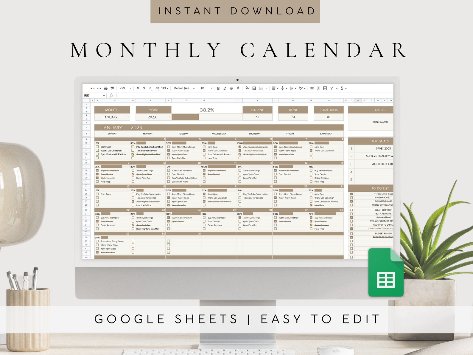 2024 Calendar Planner | Monthly Calendar Template | Google Sheets Spreadsheet |To Do List Digital |Daily Schedule Template|Editable Calendar