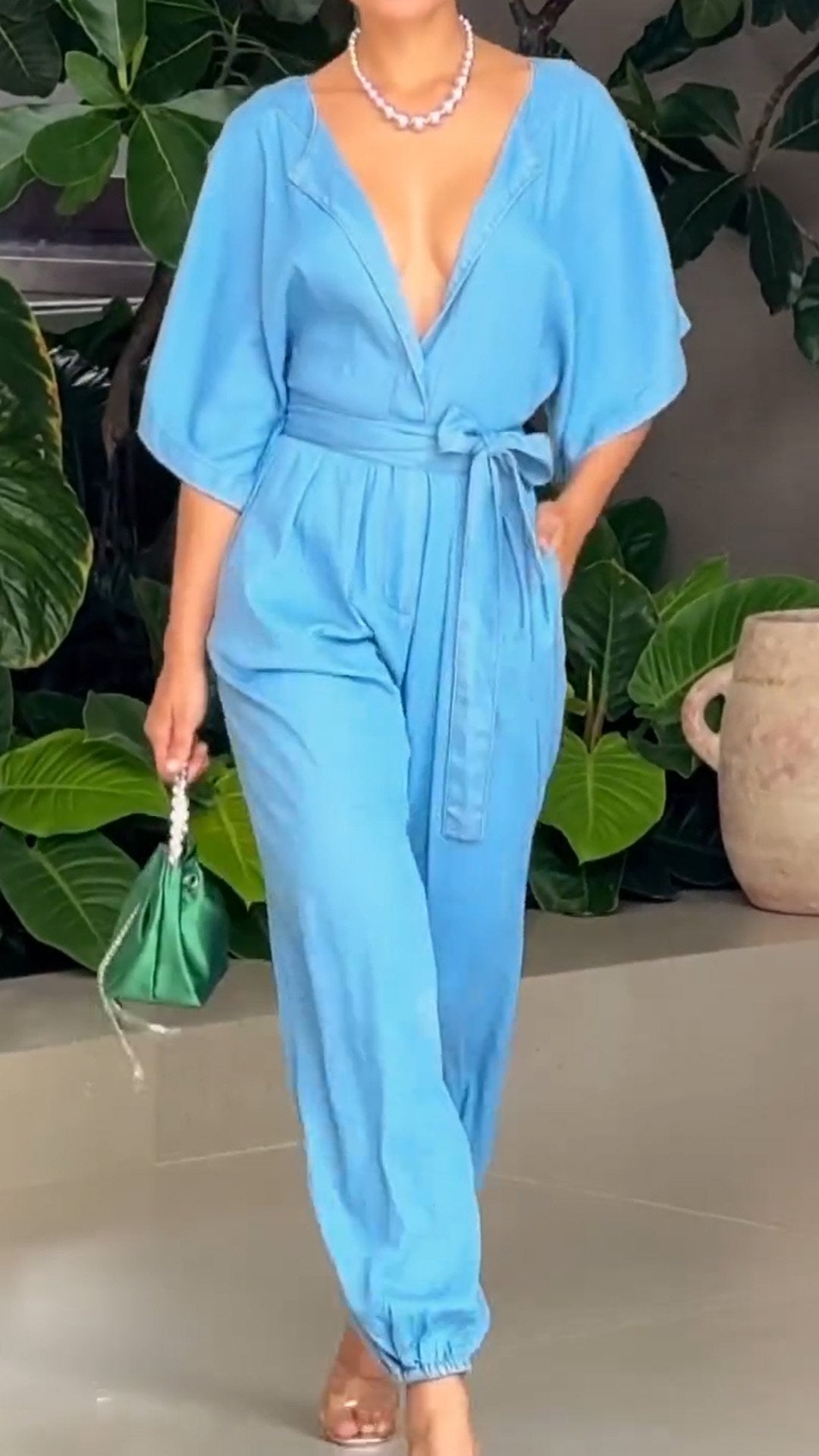 Casual Vneck Waistcinching Tieup Ruffle Sleeves and Anklelength