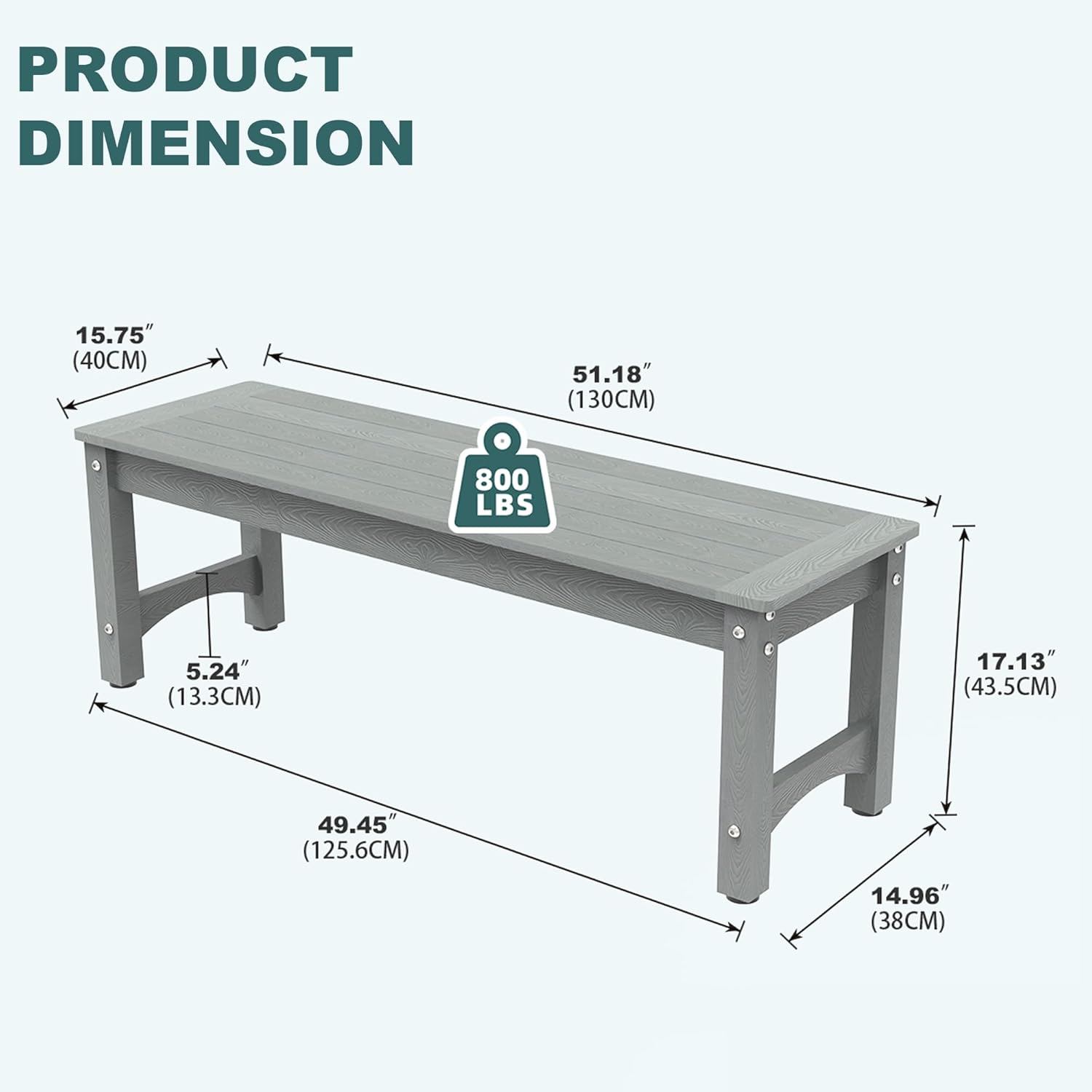 51" 2-Person Outdoor Bench, Weatherproof HIPS Patio Dining Bench Holds up to 800LBS