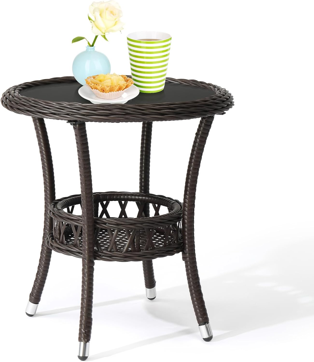 Patio Side Tables for Outside Tempered Glass Top Wicker Table