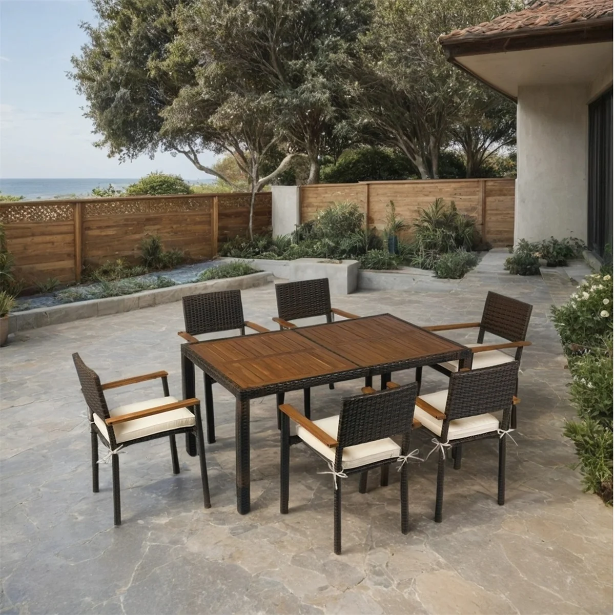 7 Piece Patio Dining Set, Outdoor Dining Furniture Set with Table and Steel Chairs