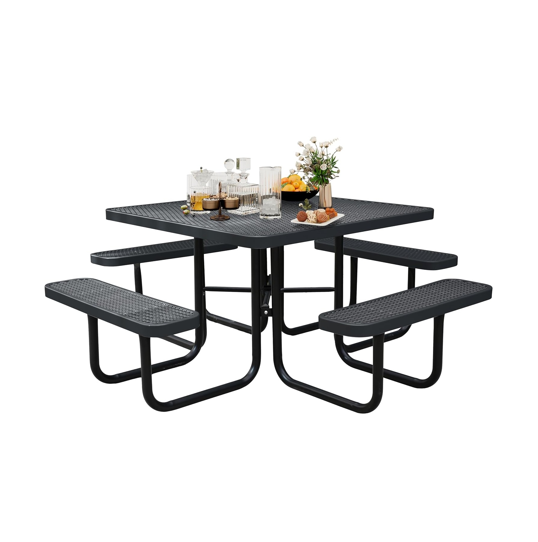 8-Person Picnic Tables for Outdoors, Industrial 46" Expanded Metal Square Picnic Table with 4 Benches & Umbrella Hole