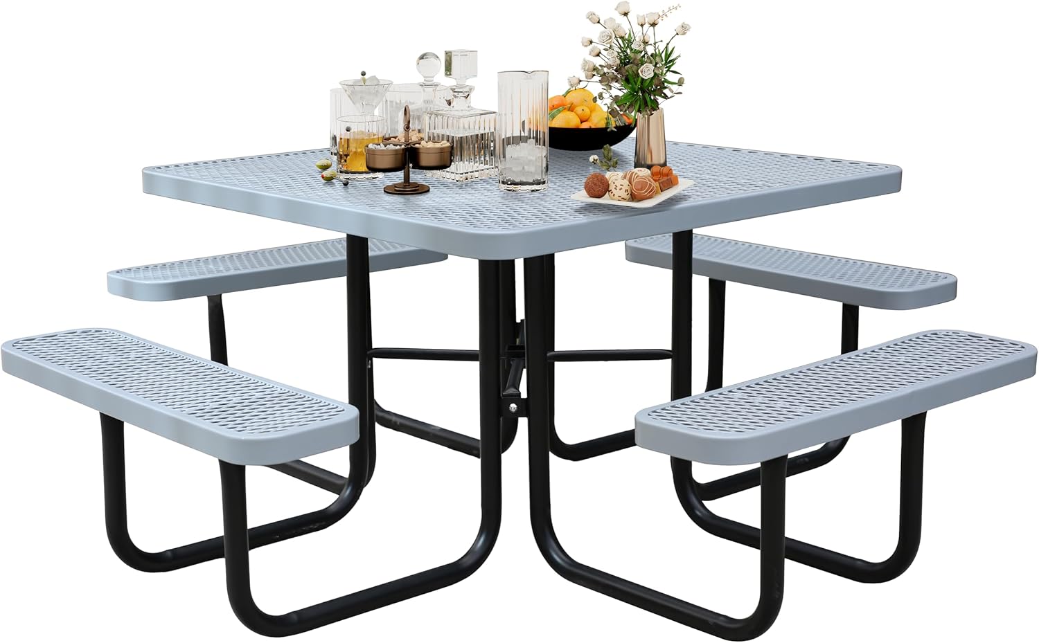 8-Person Picnic Tables for Outdoors, Industrial 46" Expanded Metal Square Picnic Table with 4 Benches & Umbrella Hole
