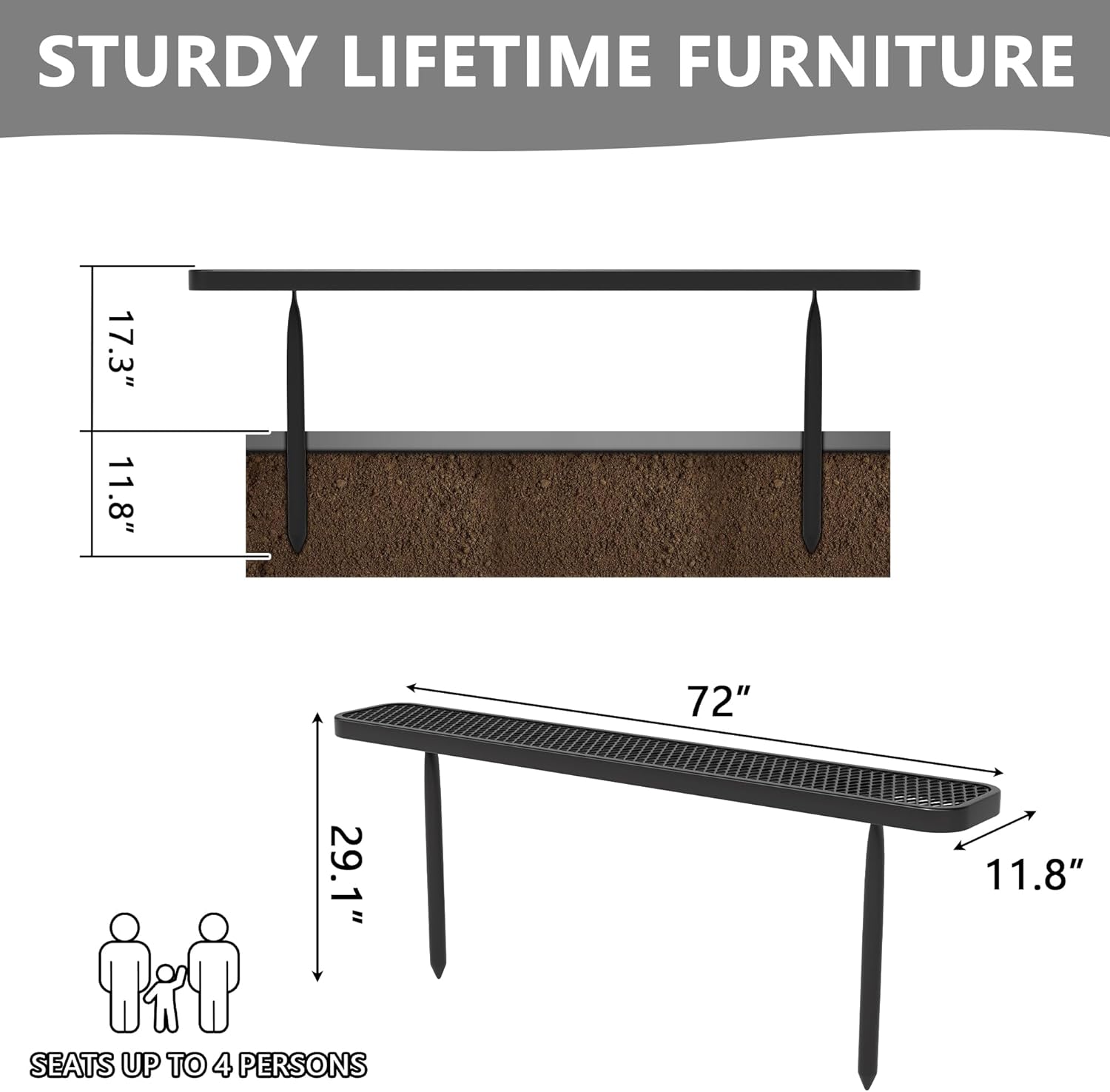 6 FT Heavy Duty Metal Park Bench for Outside, Outdoor Backless Bench with Thermoplastic Coating