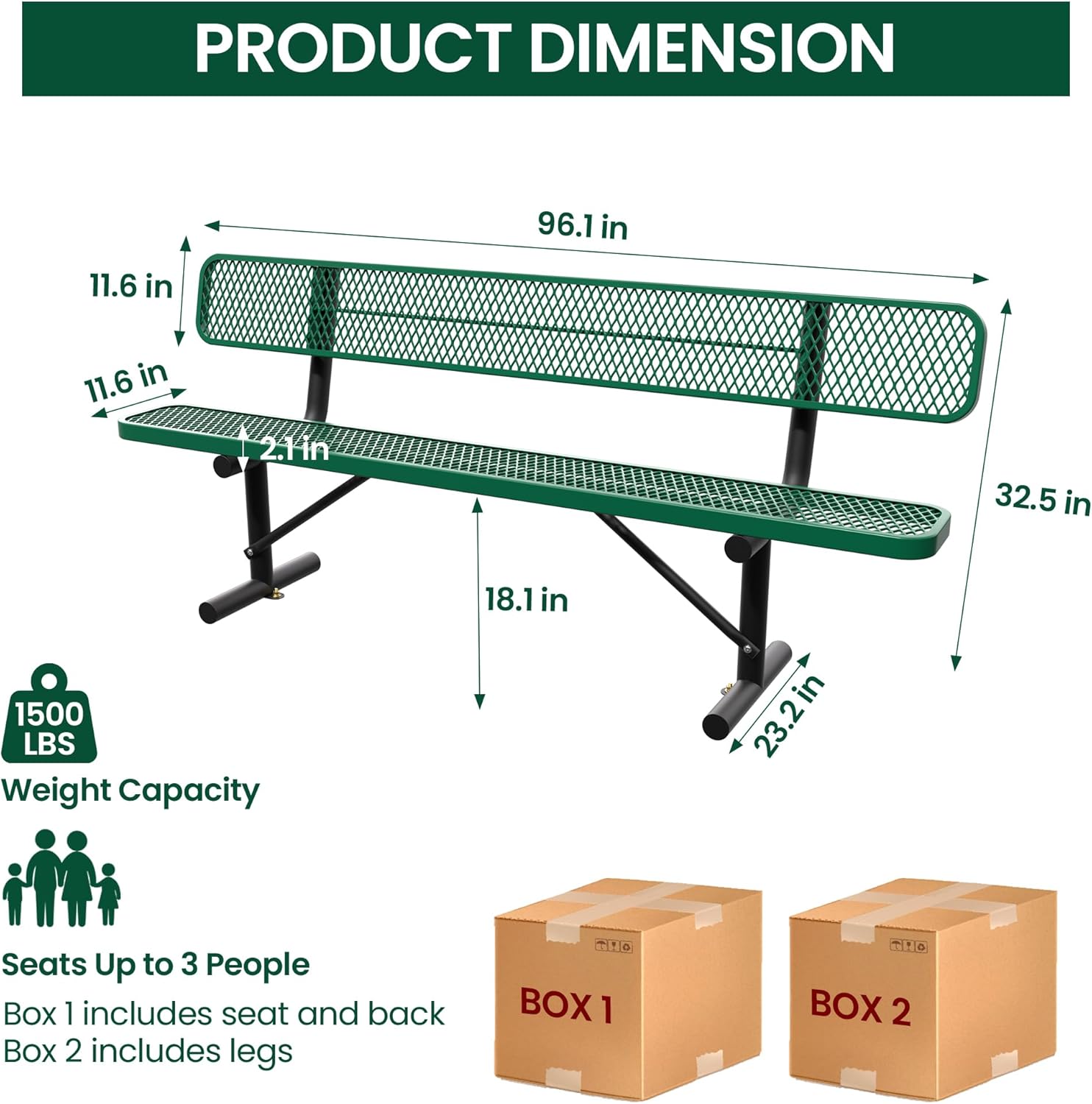 8 Feet Steel Park Bench for Outside, Outdoor Bench with Backrest & Portable Frame, Commercial Benches for Shopping Malls