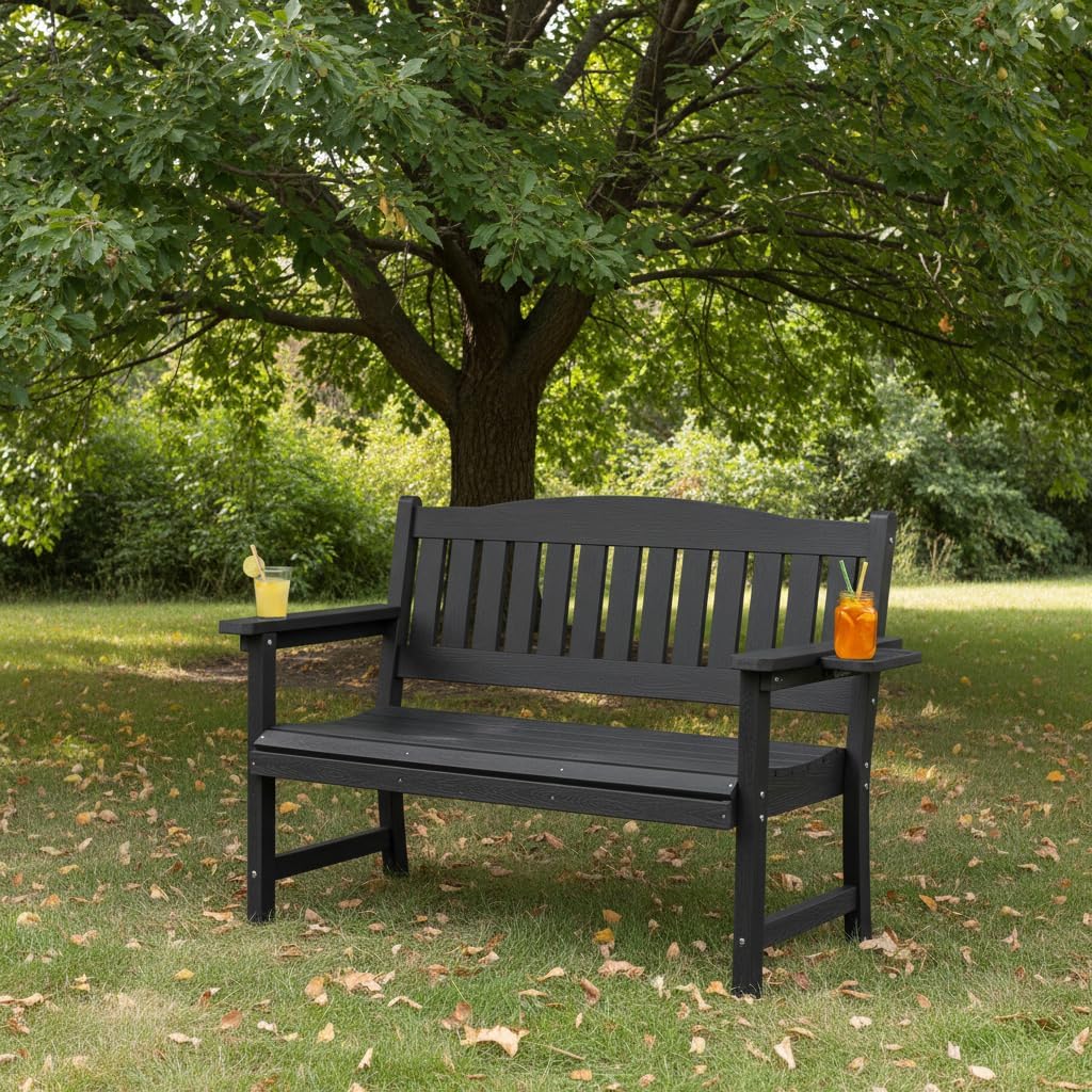 2-Person HIPS Outdoor Bench, Weatherproof Garden Bench with 800 lbs Weight Capacity, Artificial Wood Grains