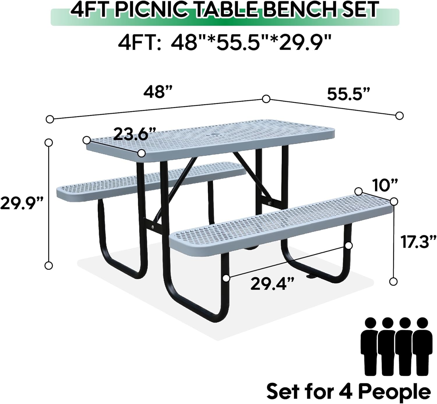 4FT Metal Picnic Tables for Outdoors, Commercial Rectangular Picnic Table and Bench Set
