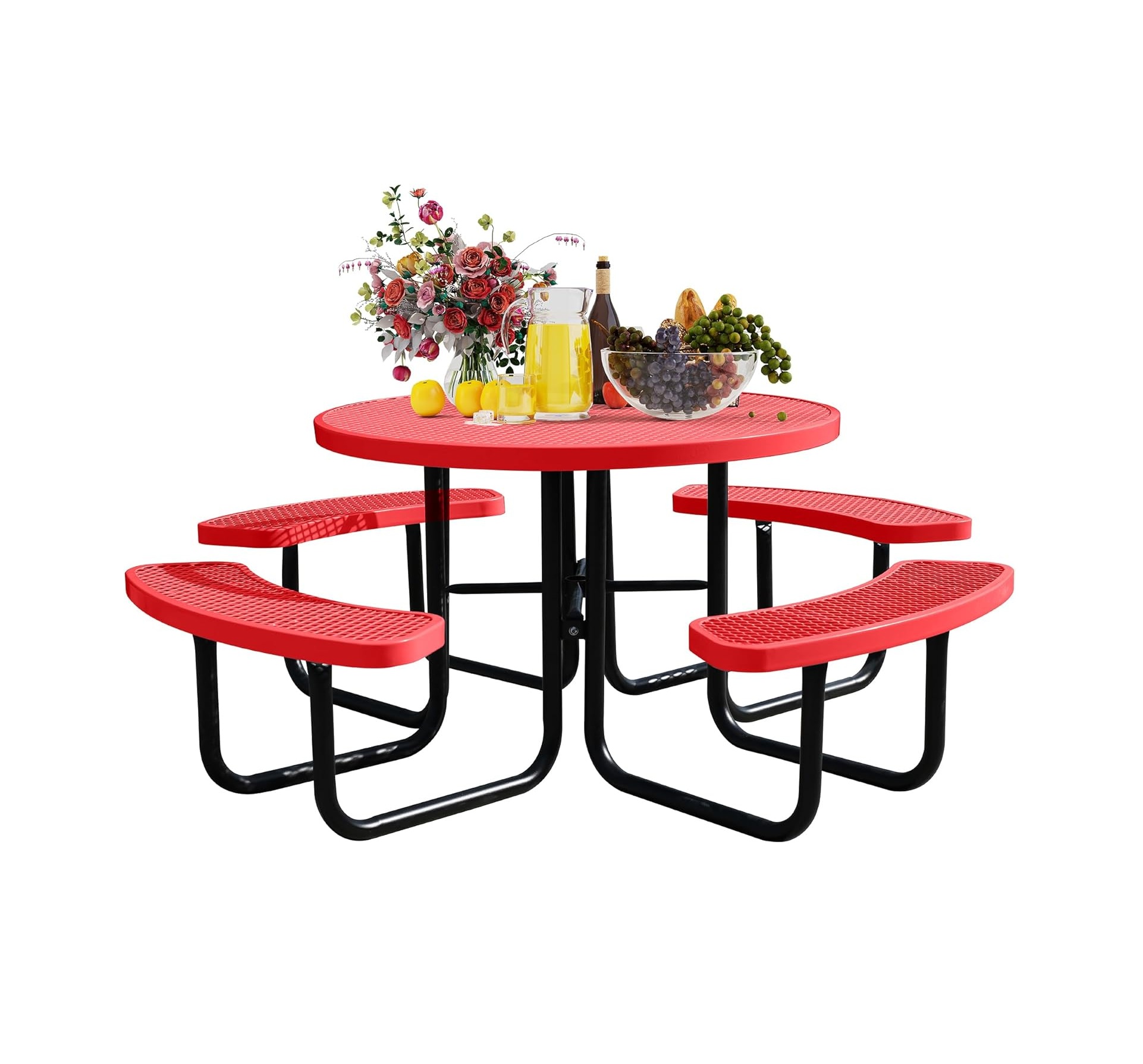 8-Person Picnic Tables for Outdoors, Industrial 46" Expanded Metal Round Picnic Table with 4 Benches & Umbrella Hole