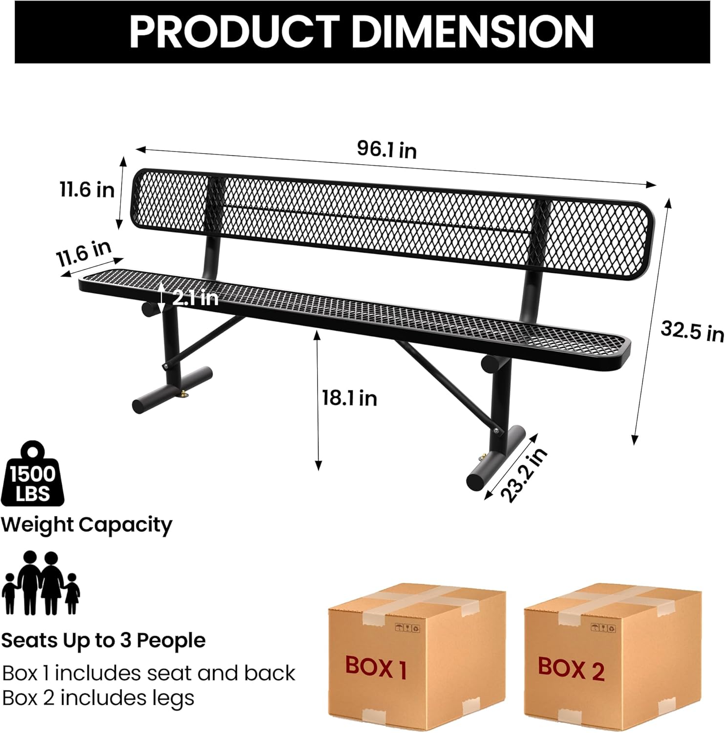8 Feet Heavy Duty Metal Park Bench for Outside, Outdoor Bench with Backrest & Portable Frame