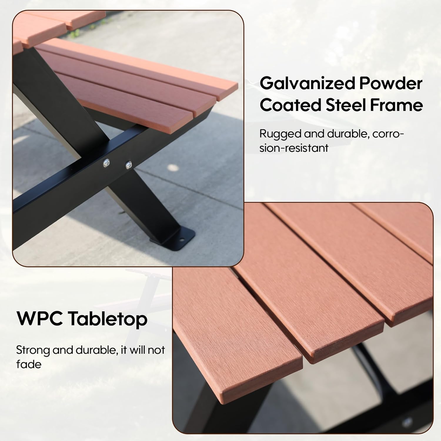 4FT Outdoor Picnic Table and Bench Set with 2" Umbrella Hole, WPC Tabletop Seattop Patio Dining Set for 4 People