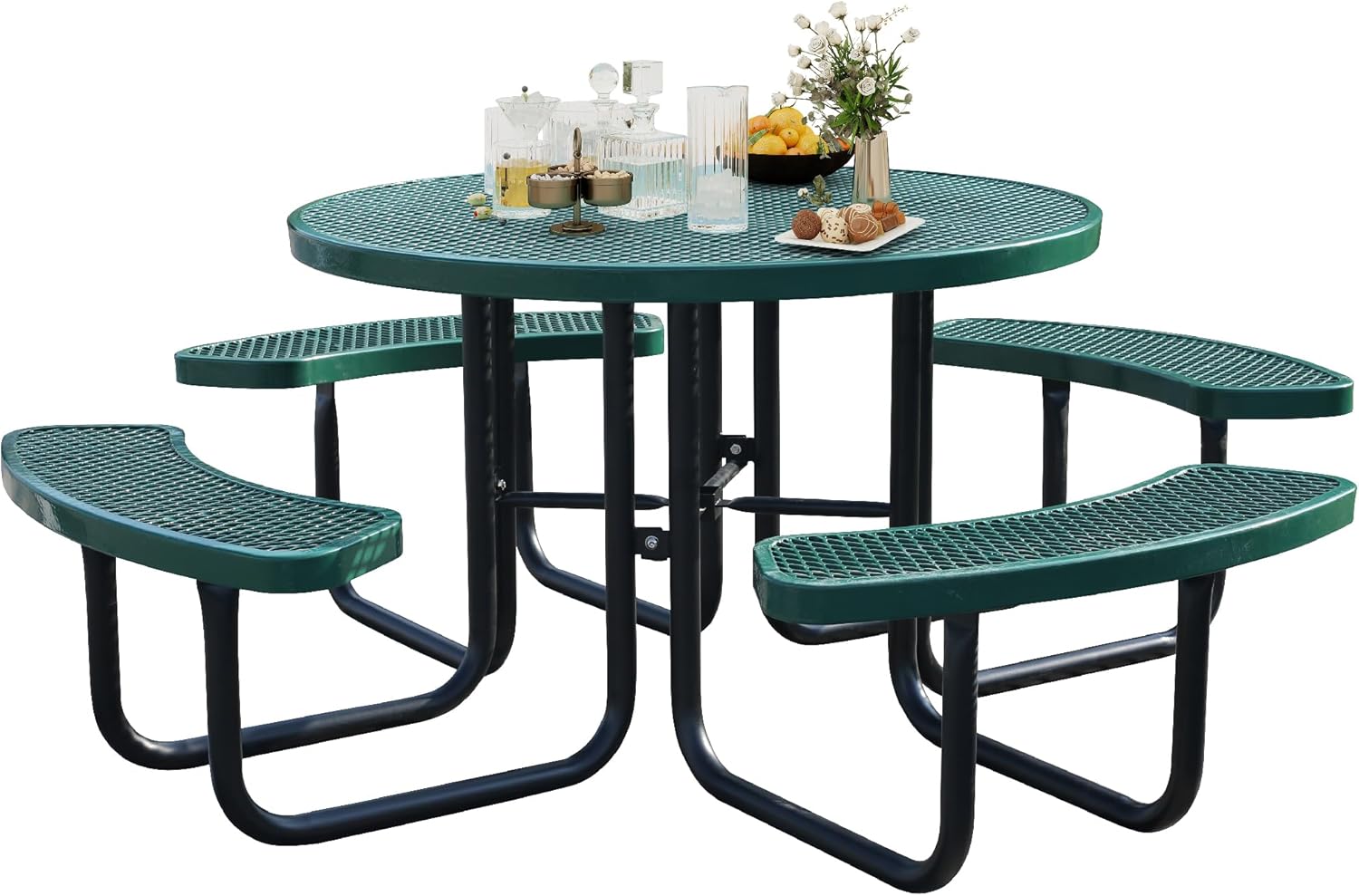 8-Person Picnic Tables for Outdoors, Industrial 46" Expanded Metal Round Picnic Table with 4 Benches & Umbrella Hole