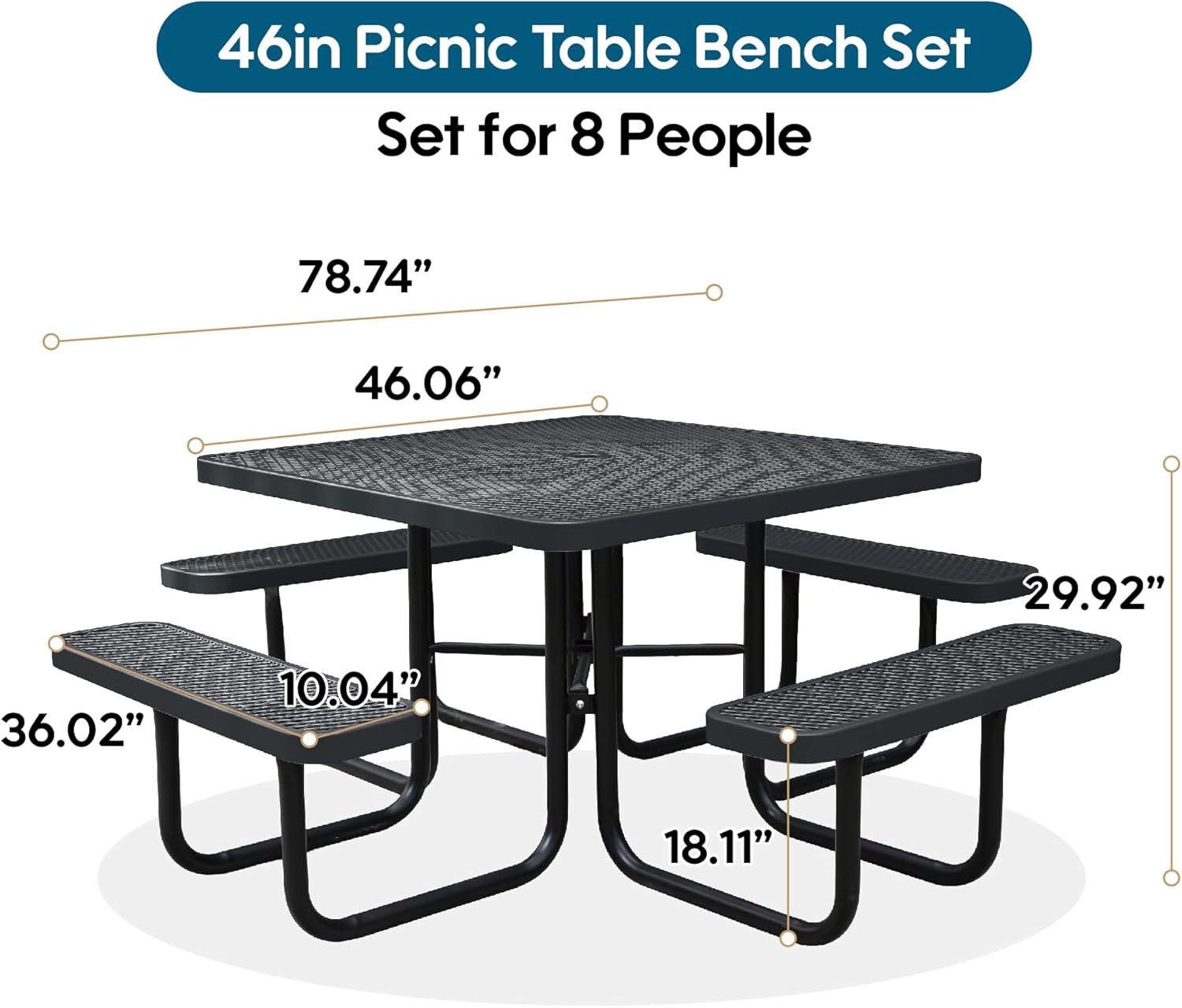 8-Person Picnic Tables for Outdoors, Industrial 46" Expanded Metal Square Picnic Table with 4 Benches & Umbrella Hole