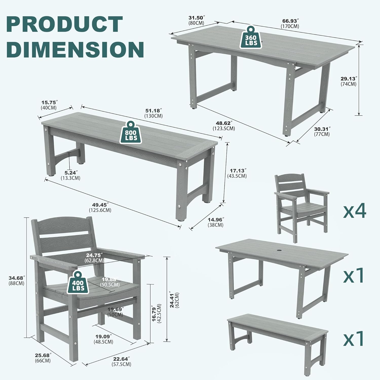 6-Piece HIPS Patio Dining Set, Outdoor Dining Table and Chairs Set with Umbrella Hole, Weatherproof Dining Table Set for 6 Person