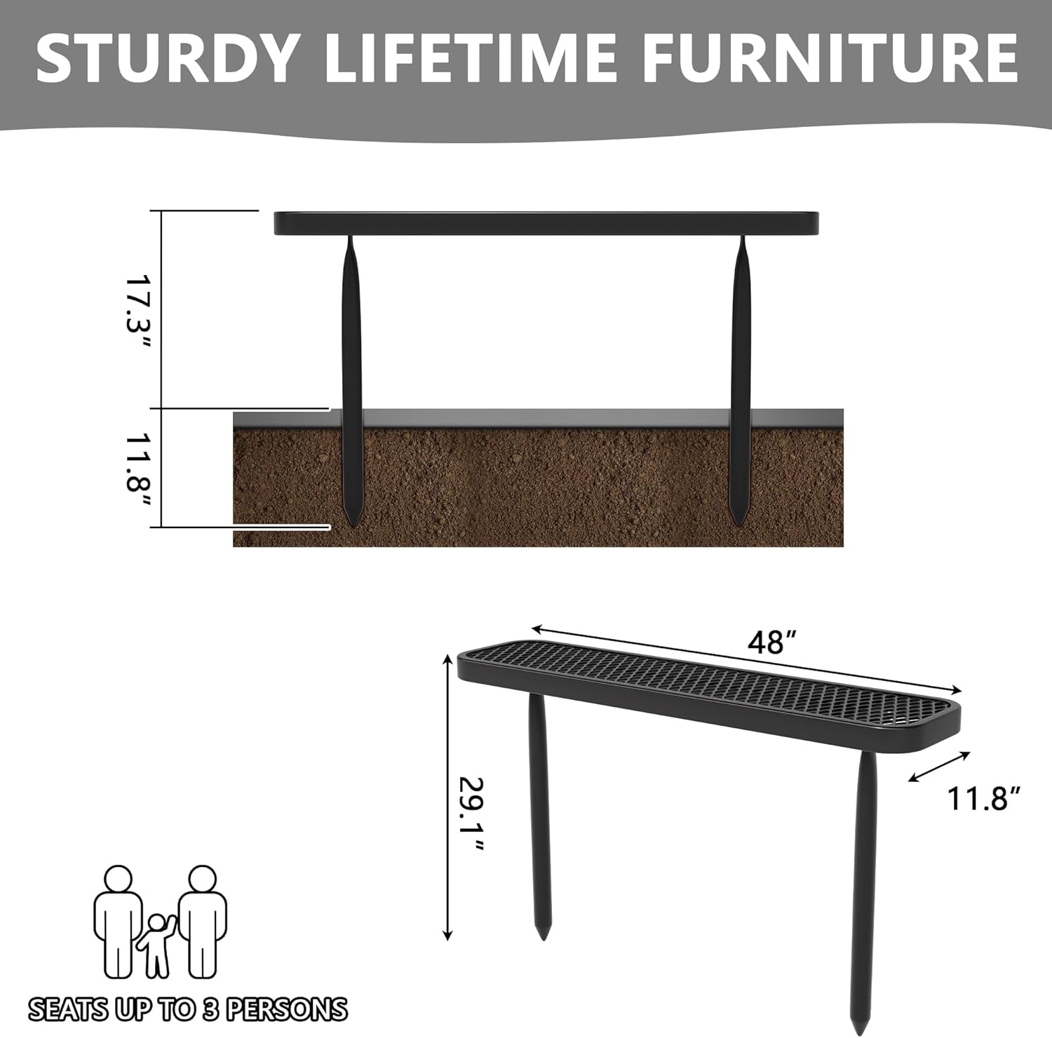 4 FT Heavy Duty Metal Park Bench for Outside, Outdoor Backless Bench with Thermoplastic Coating