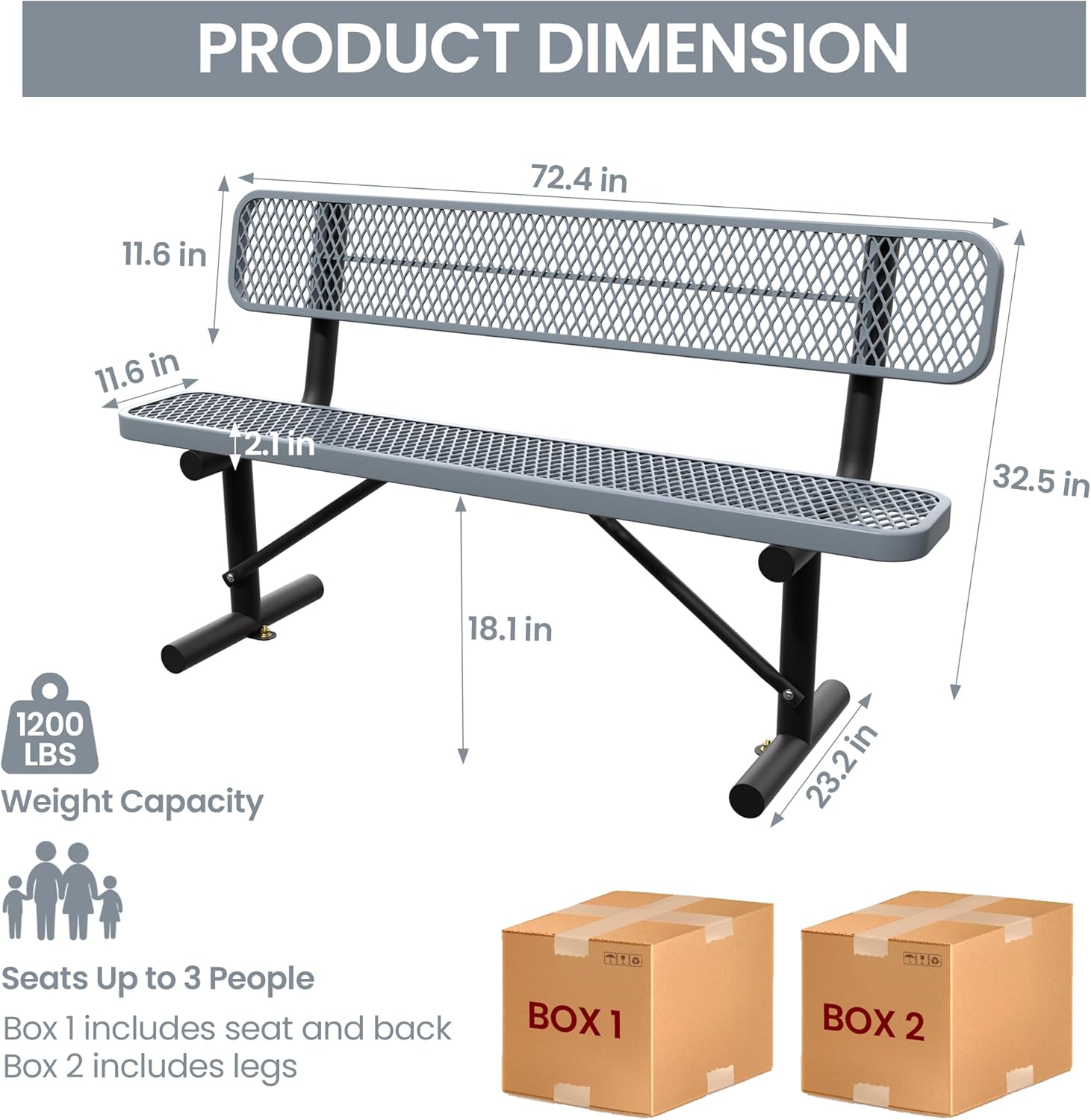 6 Feet Steel Park Bench for Outside, Outdoor Bench with Backrest & Portable Frame