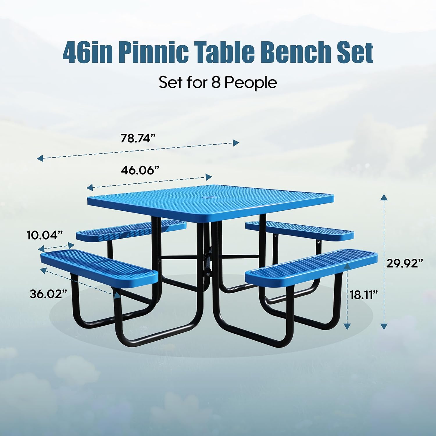 8-Person Picnic Tables for Outdoors, Industrial 46" Expanded Metal Square Picnic Table with 4 Benches & Umbrella Hole