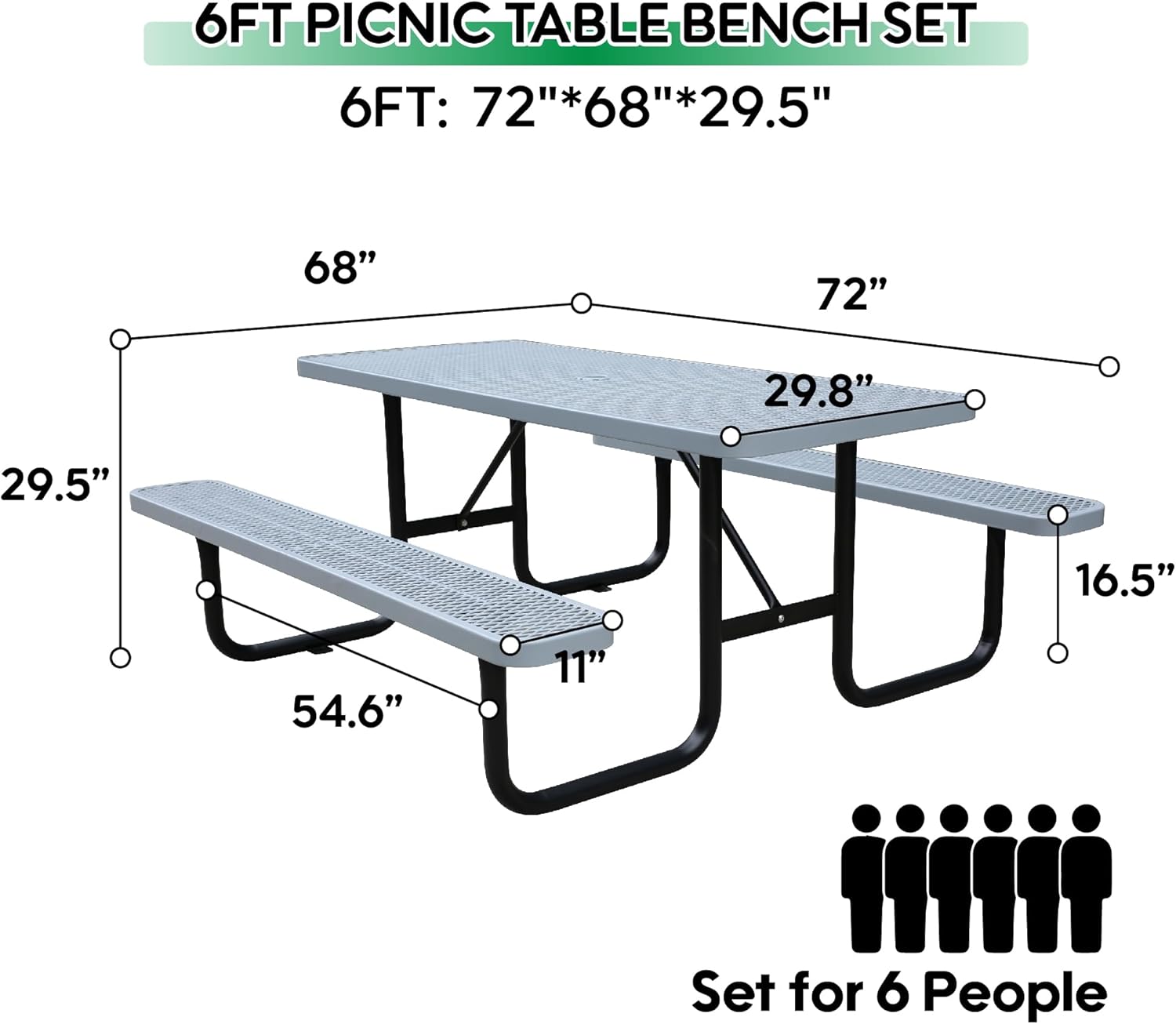 6FT Metal Picnic Tables for Outdoors, Commercial Rectangular Picnic Table and Bench Set