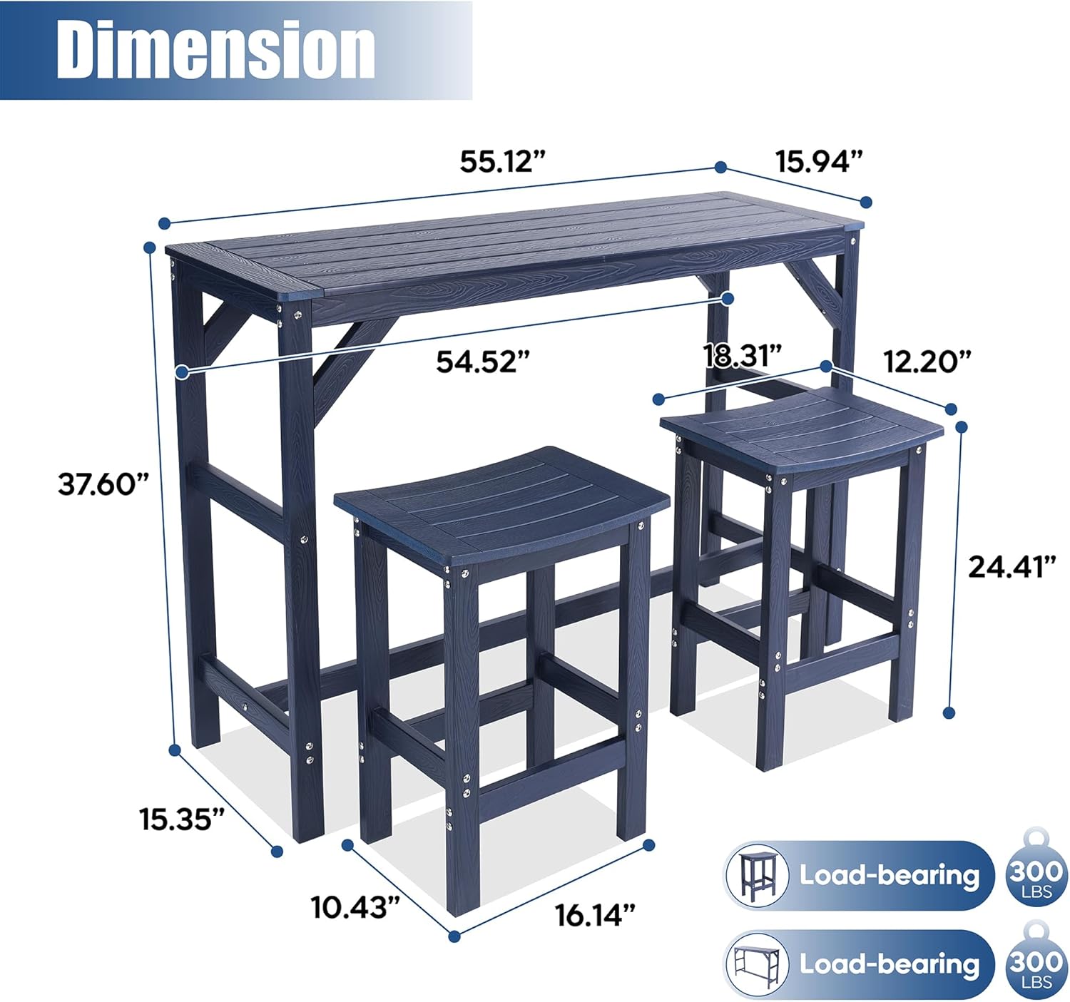 3Pcs HIPS Outdoor Patio Bar Set, All Weather HIPS Bar Table and Chairs Set for Outside, 55" Rectangular High Top Bar Table with 2 Bar Stools