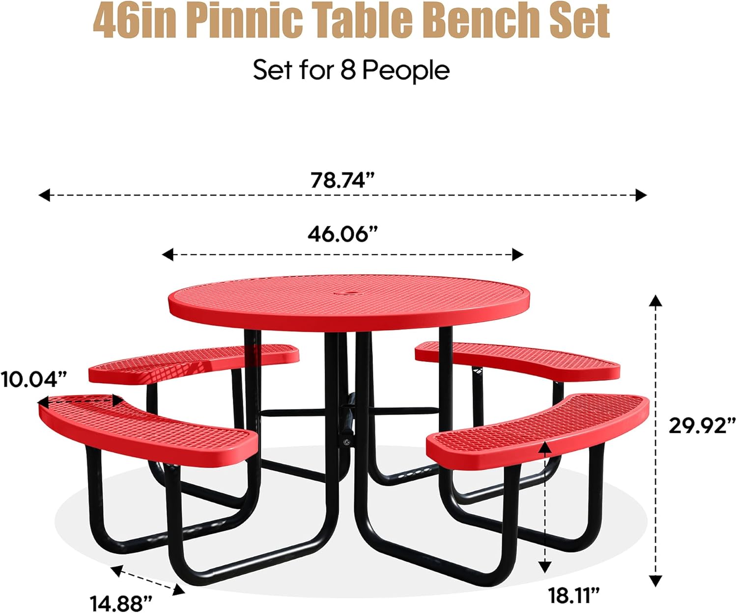 8-Person Picnic Tables for Outdoors, Industrial 46" Expanded Metal Round Picnic Table with 4 Benches & Umbrella Hole