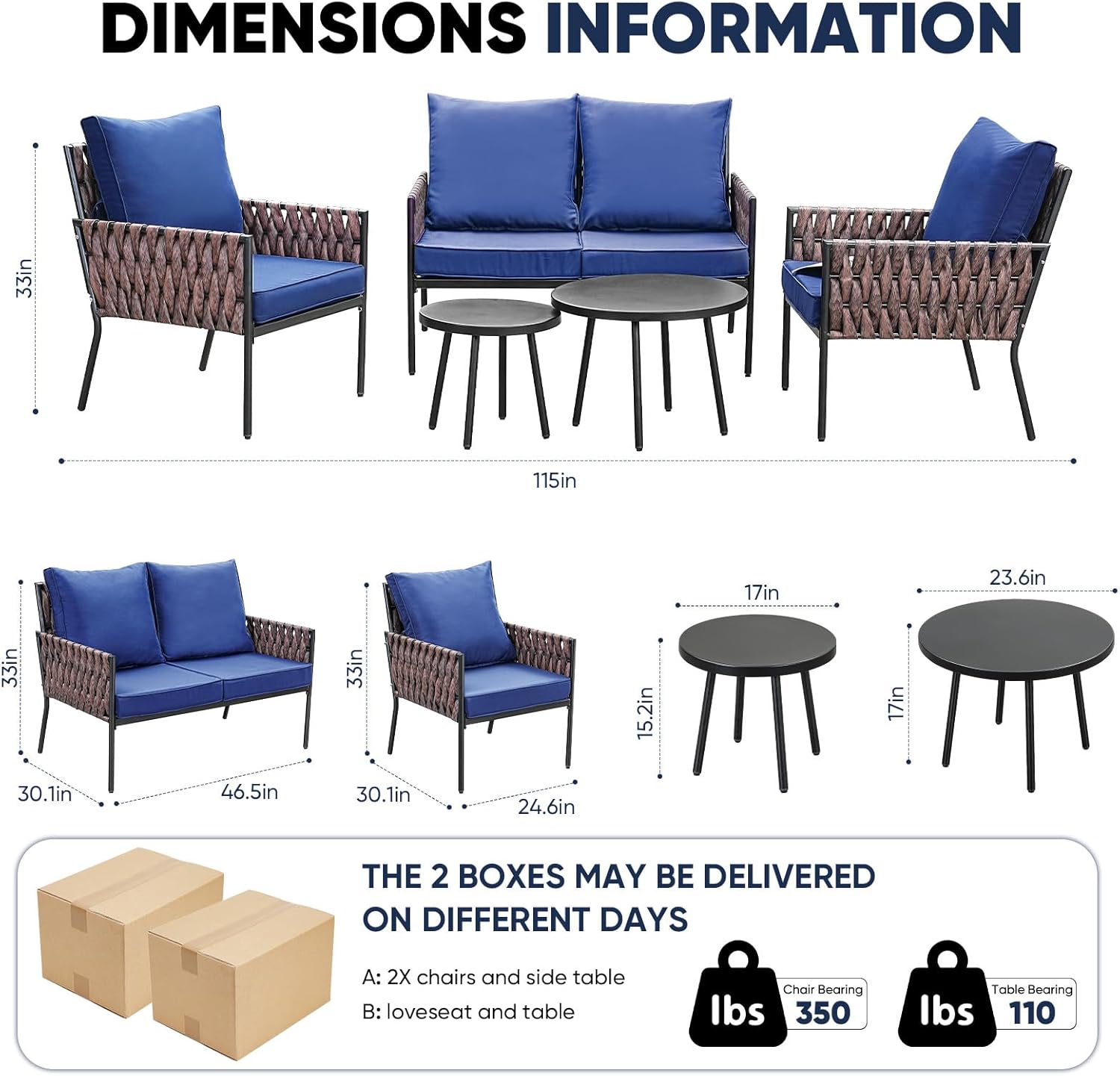 5-Piece Wider Outdoor Metal Seating Sofa with High Back & Loveseat